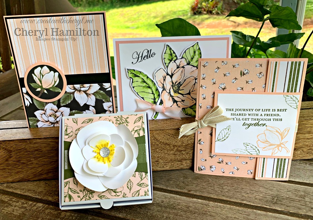 Magnolia Suite Class #createwithcheryl #stampinup #magnolialanesuite #goodmorningmagnolia #handmadecards #diyboxes #weddingfavors