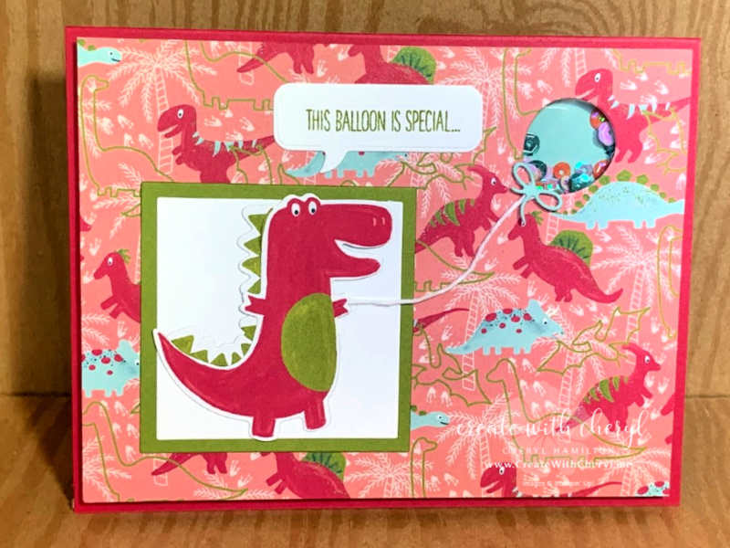 Shaker Card with dinosaur and balloon Cheryl Hamilton